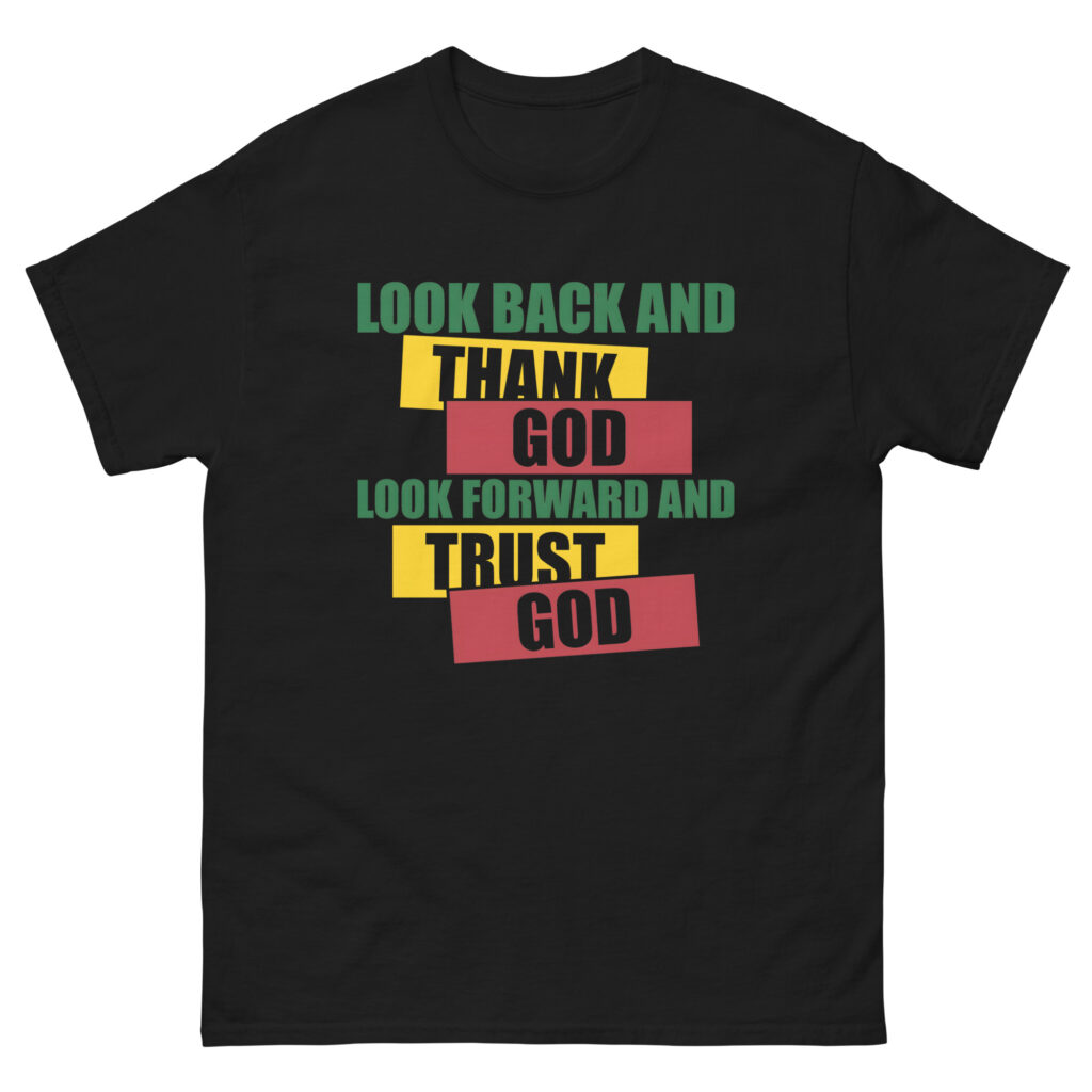 Black T-shirt with colorful faith-based inspirational design