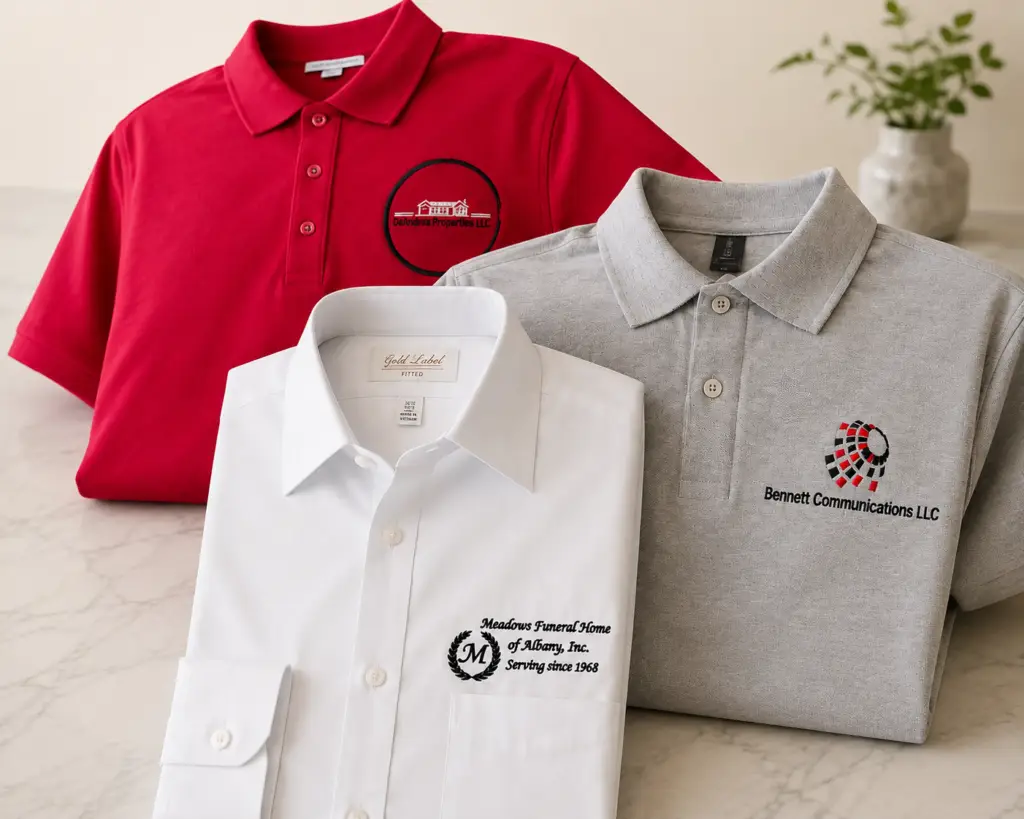 Custom embroidered business shirts and polos by Kisa's Limitless Creations in Albany, Georgia