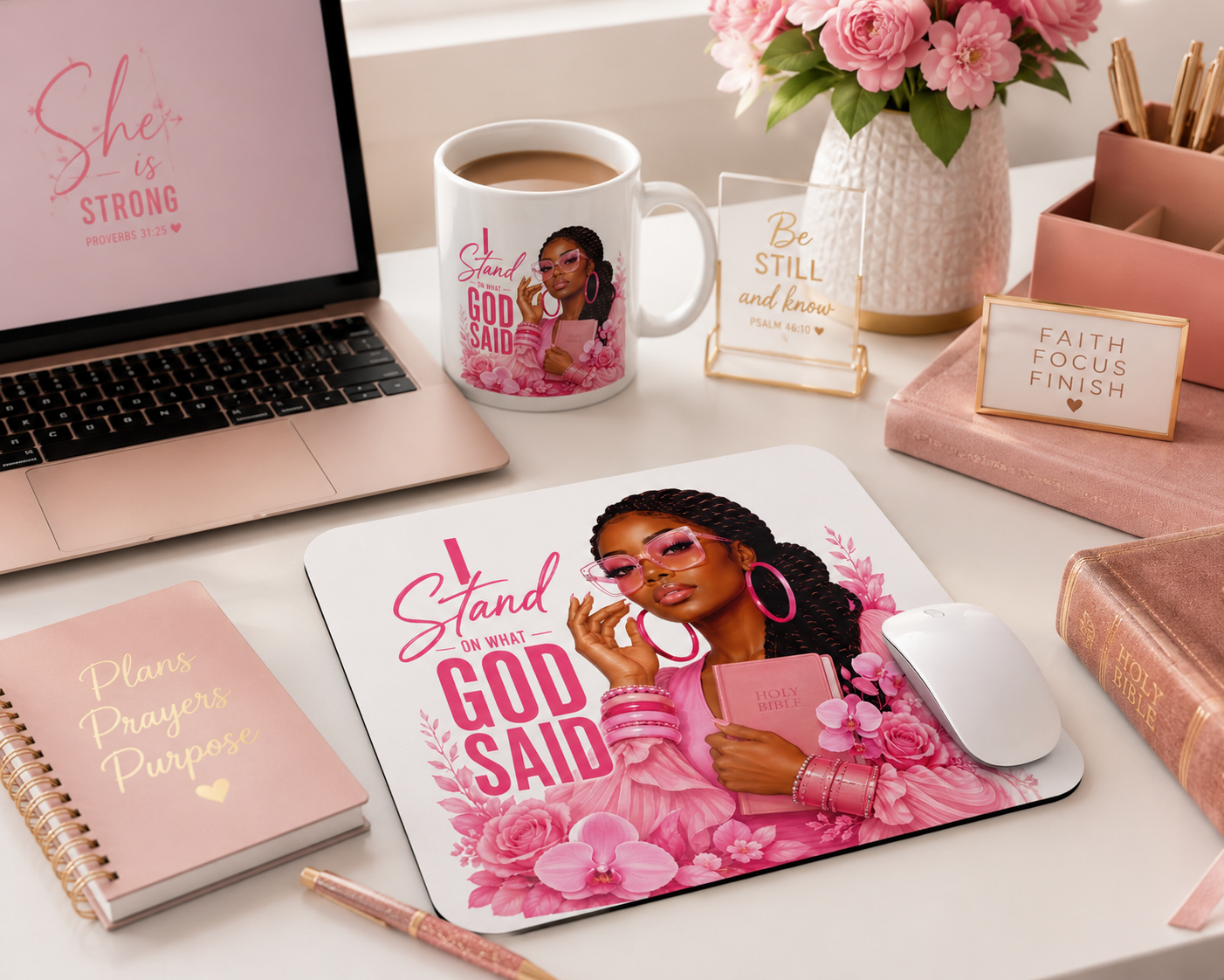 Stand on What God Said faith collection featuring mug, mouse pad, and coordinated gifts