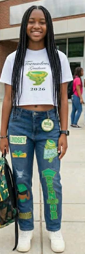 Student modeling custom school and graduation merchandise