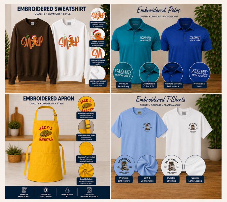 Custom embroidery examples including sweatshirts, polos, aprons, and T-shirts by Kisa's Limitless Creations in Albany, GA